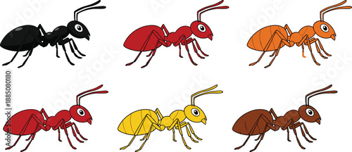 Cartoon illustration of six colorful ants with exaggerated features, arranged in rows, showcasing diversity in insect character design