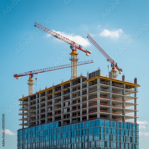 Three towering construction cranes diligently work on a new high rise structure under a sunny sky