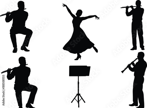 Music and dance silhouette set isolated on white background showing ballet dancer and flute clarinet musicians artistic performance concept illustration