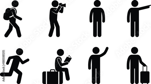 People pictogram activity icon set, human stick figures walking running pointing reading photographing traveling poses, minimal black vector symbols design