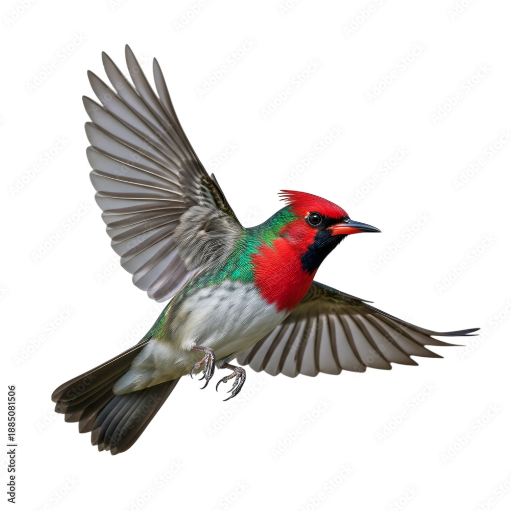 Fototapeta premium Colorful Bird in Flight Keywords: bird, flying, wings spread, red head, green chest, white belly isolated on a transparent background