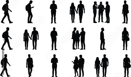 People silhouette collection, walking standing couples groups, black human figures poses, lifestyle interaction set, isolated white background vector illustration design