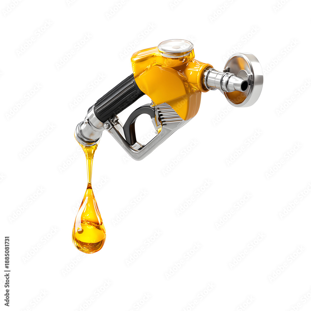 Naklejka premium Yellow Oil Dripping from Gas Pump Nozzle Isolated on White Background