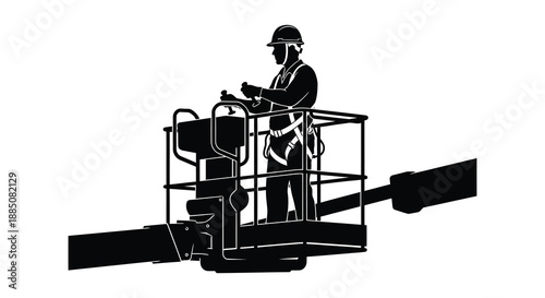 A construction worker operates a lift platform high above diligently focused on his task presented as a striking silhouette high quality