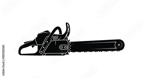 Detailed illustration of a powerful chainsaw tool showcasing its mechanical components and sharp blade design presented as a striking silhouette