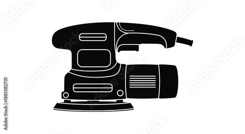 a detailed illustration of a black power sander with a sleek design and ergonomic grip presented as a striking silhouette