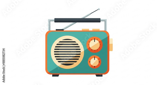 Retro teal radio with orange accents and antenna on white background vintage style nostalgic feel simple design flat illustration