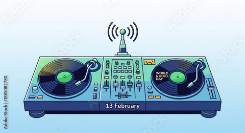 Dj controller with two turntables and mixer broadcasting signal on blue background dated 13 february modern dj equipment