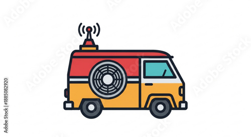 Colorful mobile broadcasting van with satellite antenna and red roof ideal for live event coverage and news reporting services