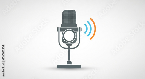 Professional studio microphone on stand with sound waves ideal for recording broadcasting and podcasting applications in a minimalist setup