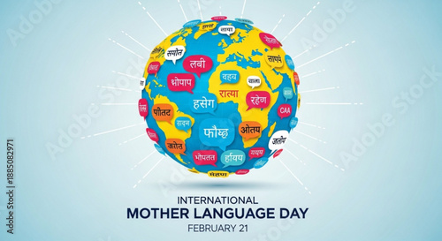 International mother language day globe with multilingual text on february 21st