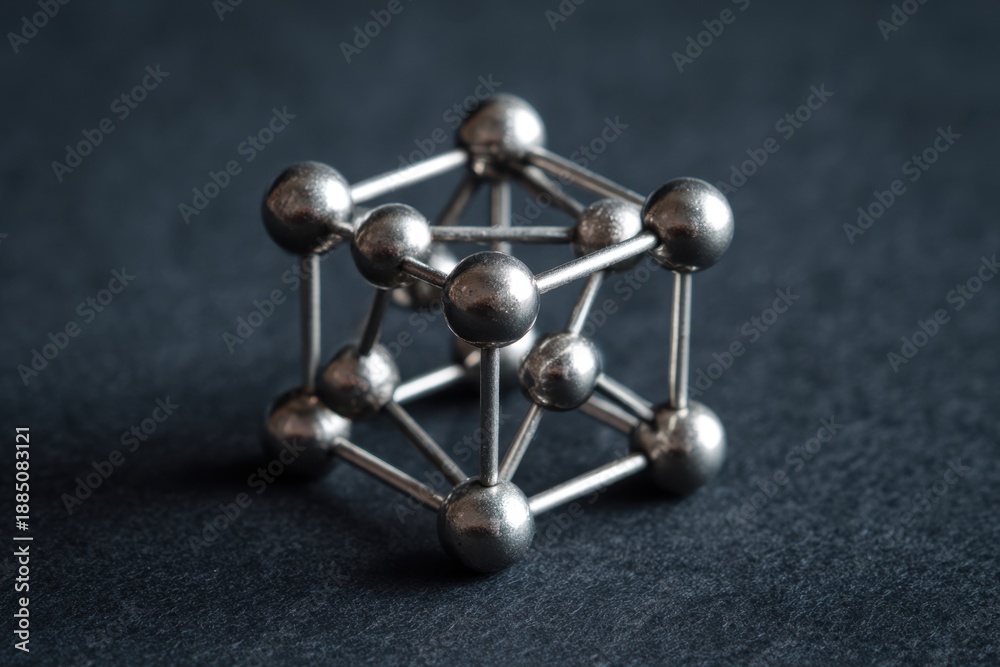 Obraz premium Model of a cube structure showing metal spheres connected by rods on a dark surface during a close-up view