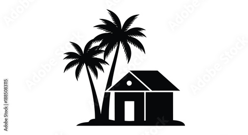 A striking black and white depiction of tropical palm trees alongside a small beach hut creating a peaceful island vibe silhouette
