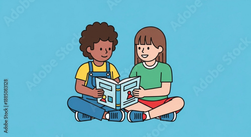 Two children sitting and reading a book together on the floor with a blue background
