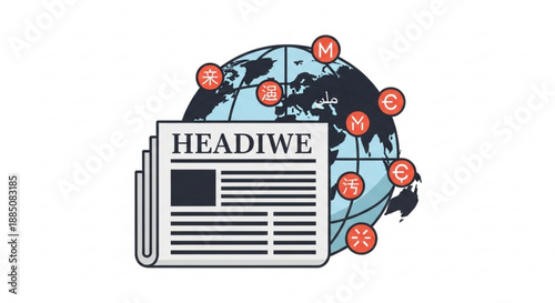 Global news network illustration with newspaper and world map featuring international communication and media