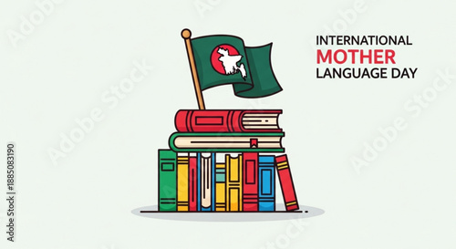 International mother language day banner with green flag and stack of colorful books cultural celebration concept learning and education theme vector illustration