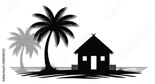 A tropical scene depicting palm trees and a small thatched roof hut against a bright background showcasing a striking silhouette