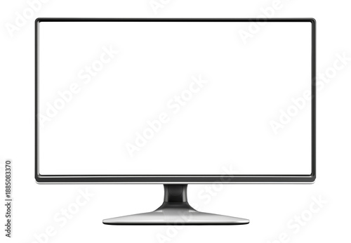 Computer monitor with blank screen and silver stand, isolated on transparent background