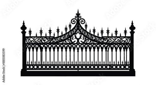 an ornate black metal gate design with intricate floral details and pointed spindles presents a dark striking silhouette high quality professional