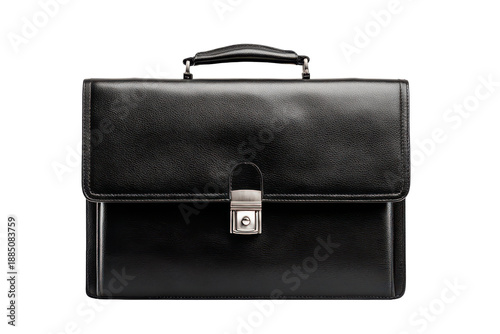 Classic black leather briefcase isolated on transparent background. Stylish black leather briefcase with silver clasp isolated on white background.