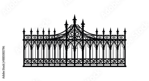 an ornate gothic wrought iron gate design is presented in stark black against a pure white background creating a striking silhouette