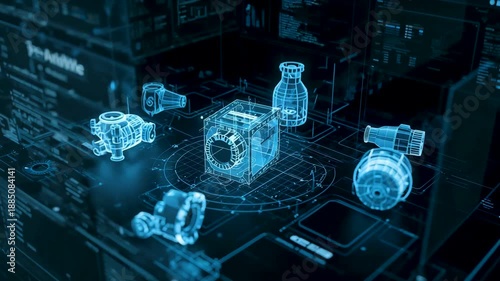 Digital blueprint interface displaying transparent mechanical components in futuristic workspace