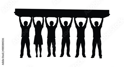 A group of six people are depicted lifting a rectangular object above their heads showcasing teamwork and support silhouette high quality professional