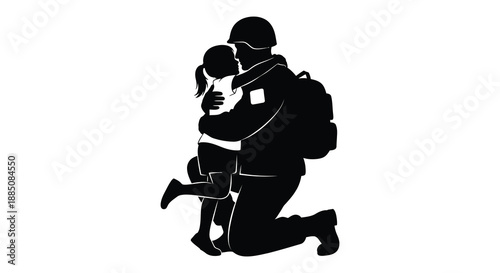 A tender homecoming scene depicts a kneeling soldier embracing a young child in a heartfelt reunion presented as a silhouette