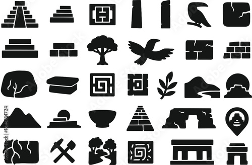 30 Copán Honduras Solid Black Silhouette Icons Set on White Background