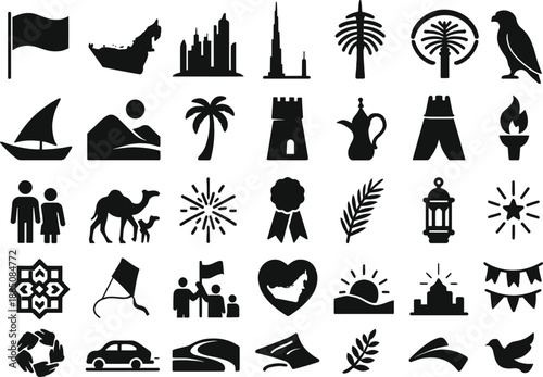 30 UAE National Day Solid Black Silhouette Icons Set on White Background