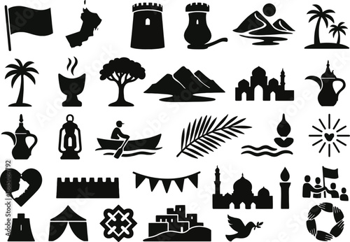30 Oman National Day Solid Black Silhouette Icons Set on White Background