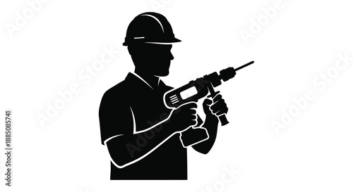 A striking black silhouette depicts a construction worker skillfully operating a power drill emphasizing industrial labor and safety precautions silhouette