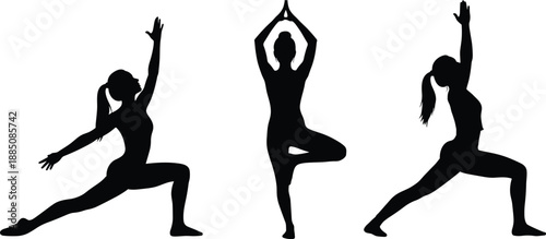 Silhouettes of women practicing yoga in standing warrior and tree poses, emphasizing balance, mindfulness, strength, and physical wellness on a clean white background.