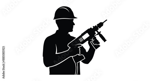 A striking depiction of a construction worker skillfully operating a power drill showcased in a bold and dramatic silhouette high quality