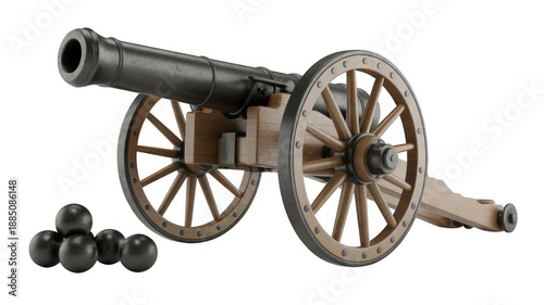 Old cannon with wooden wheels and cannonballs historical isolated on a transparent background