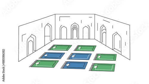 Prayer rugs arranged in mosque rows.