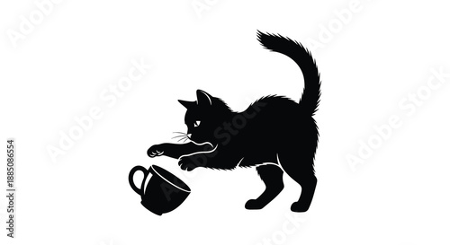 a playful feline figure is depicted reaching towards a tipped teacup showcasing a delightful scene in a striking silhouette high quality