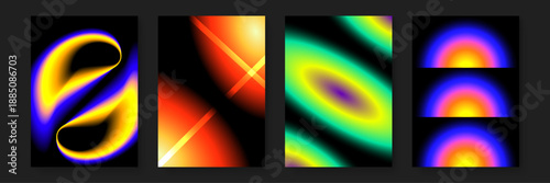 Abstract compositions of curved light paths and intersecting geometric lines with warm and cool color tones