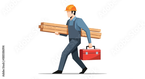A construction worker is shown carrying lumber and a toolbox while walking forward presenting a striking silhouette high quality professional detailed