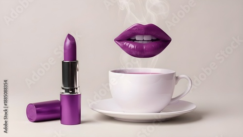 Luxury Beauty Meets Coffee: Glossy purple Lips Floating Above Espresso with Premium Lipstick on Pink Studio Background