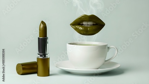 Luxury Beauty Meets Coffee: Glossy Maroon Lips Floating Above Espresso with Premium Lipstick on green Studio Background