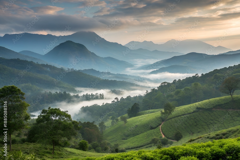Obraz premium Mist-Kissed Mountains: Capturing the tranquility of nature, a breathtaking panorama unfolds as layers of majestic mountains recede into the distance, shrouded in ethereal mist.