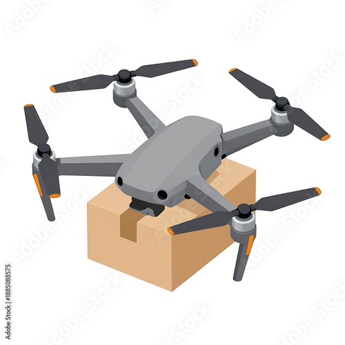 Isometric Delivery Drone Carrying a Cardboard Box Package