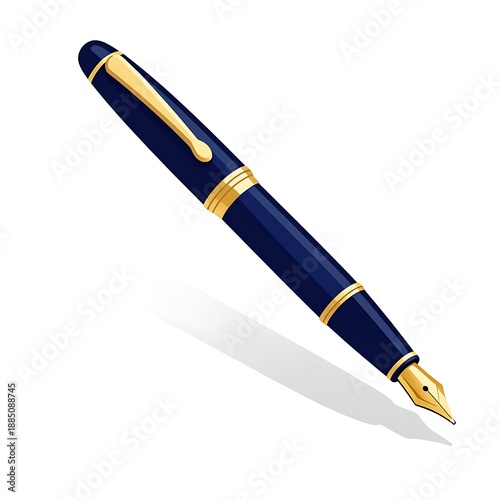 Elegant Blue and Gold Fountain Pen Illustration Isolated on White