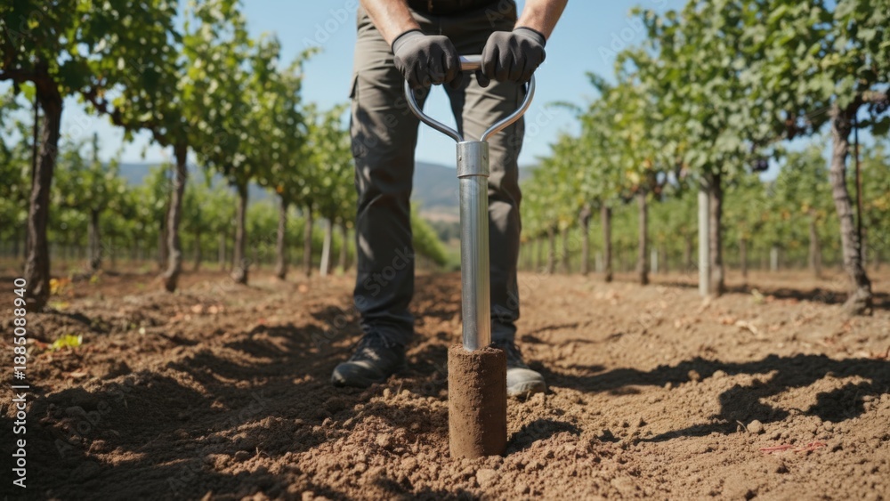 Fototapeta premium Soil Sampling in Vineyard: Farmer Extracting Soil Core for Analysis and Sustainable Agriculture Practices