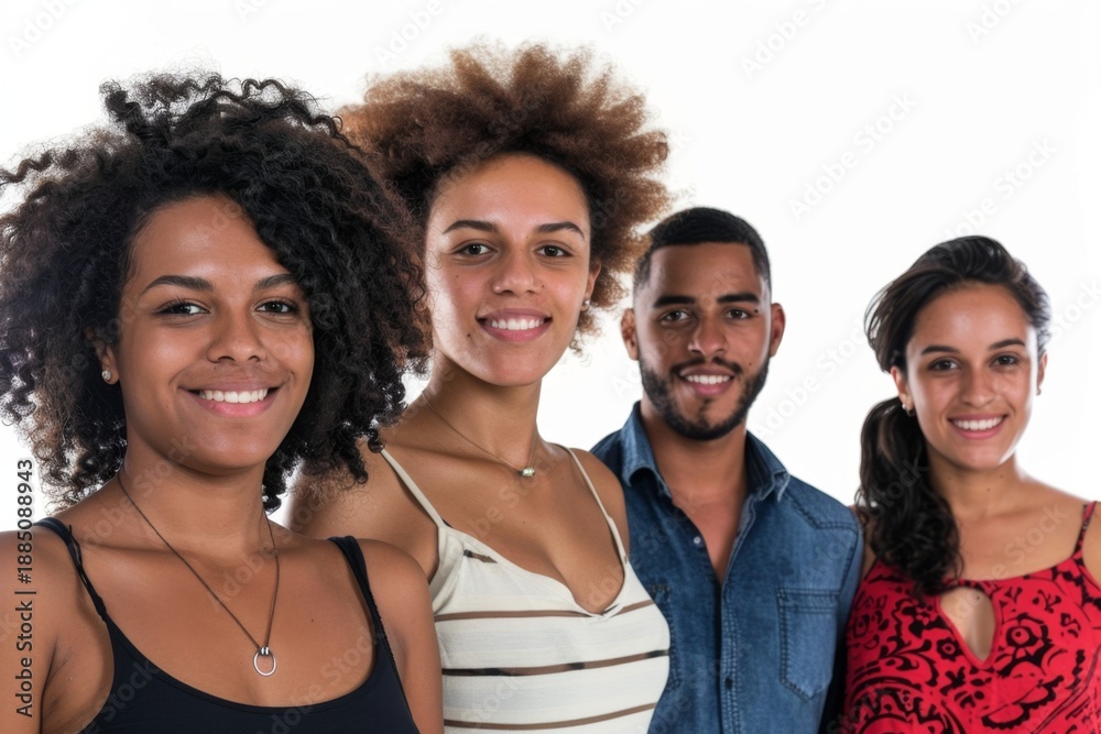 Fototapeta premium Diverse group of young adults showcasing joyful expressions and unique styles. Perfect for diversity and inclusion themes in marketing and social campaigns. Generative AI