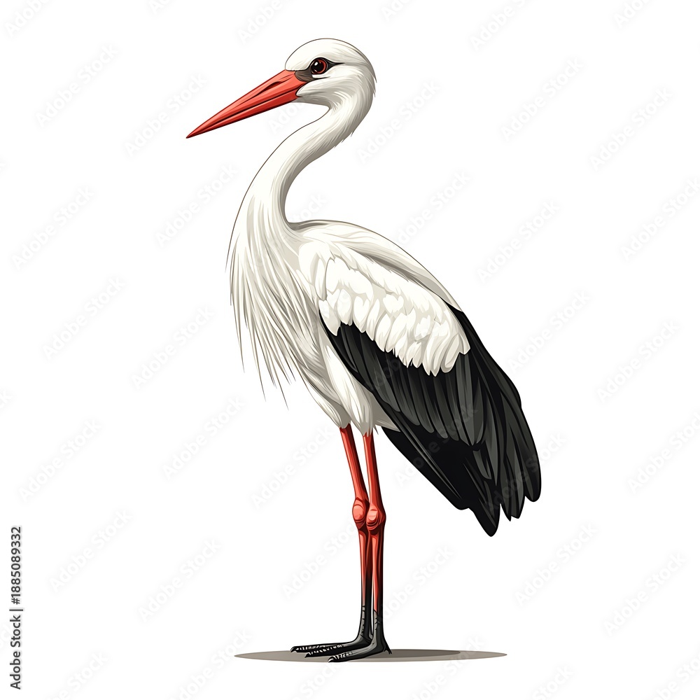 Obraz premium Photo White Stork with Red Legs and Beak on White Background bird wildlife