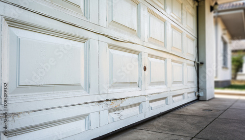 Damaged White Garage Door on Residential Building Exterior