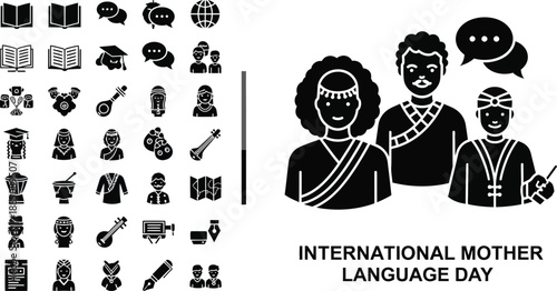 Diverse group of people wearing traditional clothing representing global cultural heritage and celebrating international mother language day concepts with speech bubbles