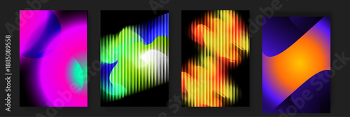 Artistic poster collection showcasing vertical slit patterns over vibrant neon color gradients and fluid forms